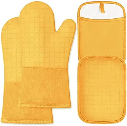 HOMWE Silicone Oven Mitts and Pot Holders for Kitchen & Baking - Set of 4 Heat-Resistant, Heavy-Duty Cooking Mittens w/Non-Slip, Textured Grip