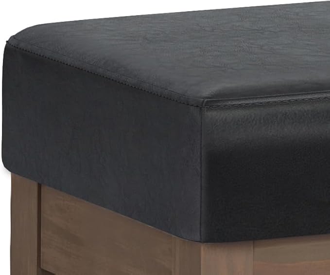 SIMPLIHOME Milltown 45 inch Wide Contemporary Rectangle Large Ottoman Bench in Midnight Black Vegan Faux Leather, Assembled, For the Living Room and Bedroom