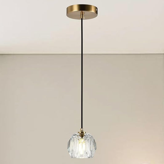 Modern Pendant Light, Brushed Brass Pendant Light Fixture for Kitchen Island, Small Cut Crystal Single Pendant Lighting for Dining Room Bathroom