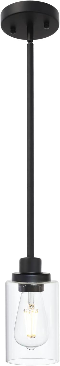 Black Industrial Pendant Light Fixtures, Kitchen Hanging Lighting with Clear Glass Cylinder Shade for Farmhouse Dining Room Coffee Bar Bedroom