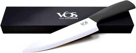 Vos Ceramic Chef Knife 8 Inch with Protection Cover – Large Ceramic Kitchen Knife for Slicing, Dicing, and Fruits – Lightweight Zirconia Blade – Luxury Gift Packaging – Ultra Sharp Chefs Knife (Black)