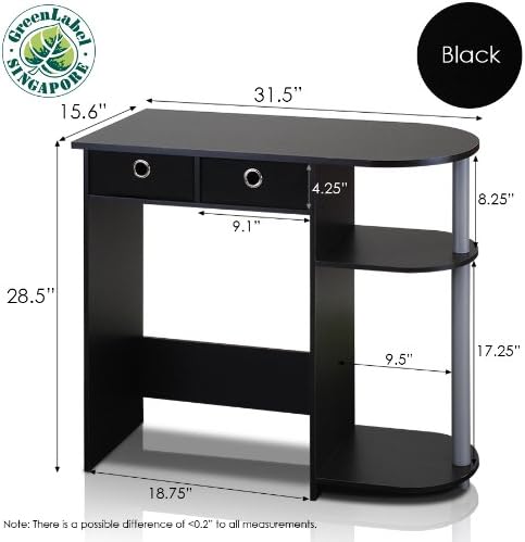 Furinno Go Green Home Laptop Notebook Computer Desk/Table with 2 Drawer Bins, Black/Grey/Black