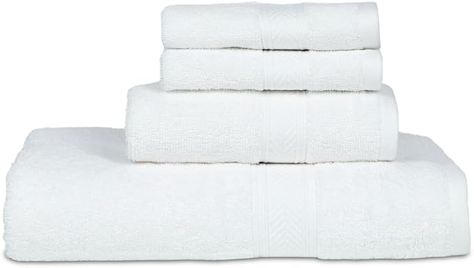 Casa Lino 100% Cotton Bath Towels Set of 4 (1 Bath Towel, 1 Hand Towel & 2 Wash Cloths) - Bathroom Towels and Washcloths Set - Complete Bathroom Set - Guest Room Essentials - (White)