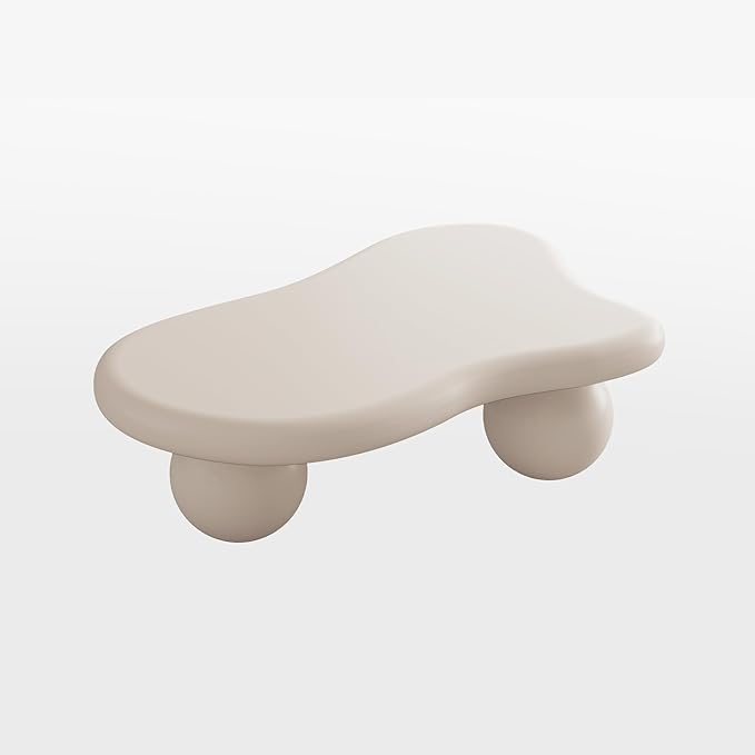 47 Inch Cloud Shaped Coffee Table with 3 Ball Legs for Living Room Cream White