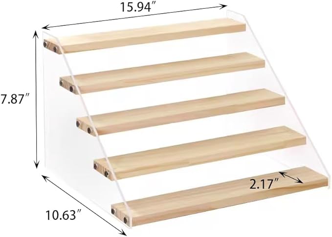 BYCY Wood Display Stand 5 Tier Clear Acrylic Display Shelf Riser for Perfumes Pop Figures Jewelry Cupcake Spice Desserts (1 Pack)