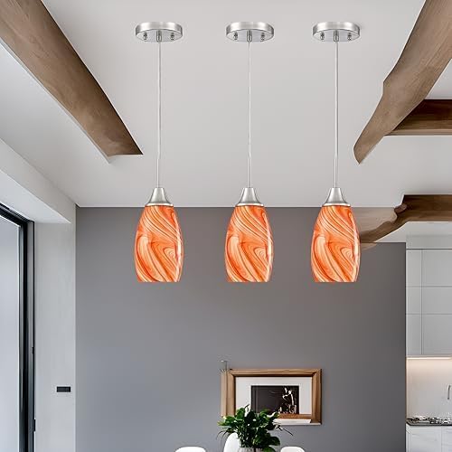 Mini Glass Pendant Light 4.72" with Handblown Orange Marble Art Glass Hanging Light 1-Pack Oval Ceiling Hanging Light Fixture for Dining Room Kitchen Island Cafe Foyer Hallway