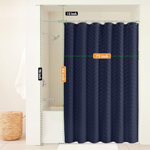 84 Inches Long Boho Tufted Chevron Striped Fabric Shower Curtain Navy Blue 72x84 Tall Minimalist Waterproof Cloth Shower Curtain, Wrinkle Free