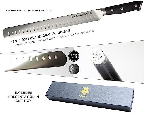 KANKA 12 inch Slicing Carving Knife - Ultra Sharp 1.4116 German Stainless Steel. Premium G10 Hamdle. Gift Box Included