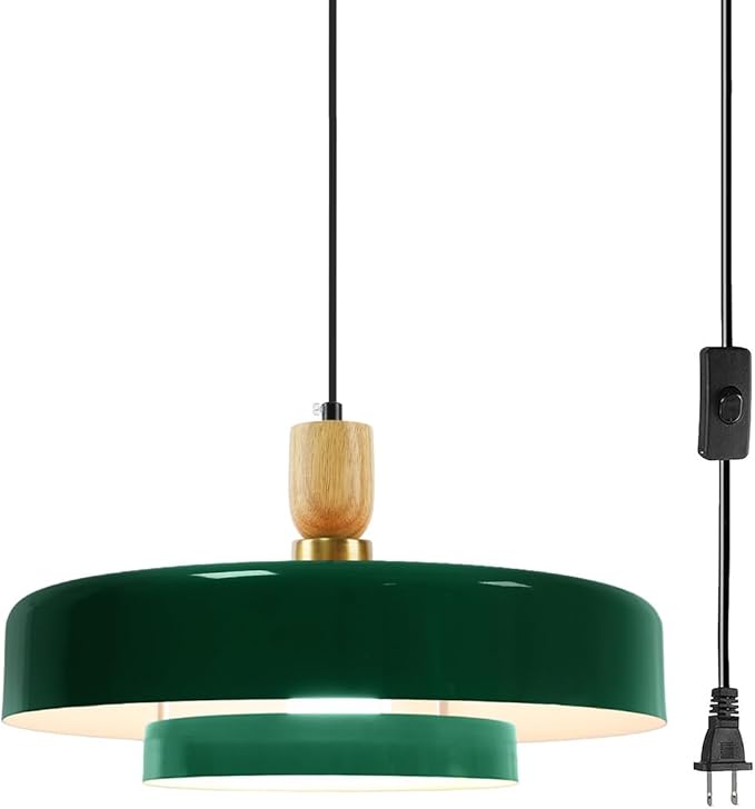 Plug in Pendant Light Green Modern Pendant Lamp E26 Vintage Hanging Light Fixture with 14ft Cord On/Off Switch for for Dining Room Bedroom Living Room Kitchen Island