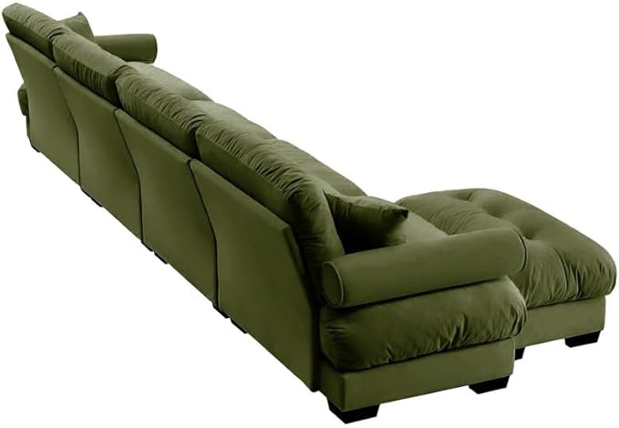 Ball & Cast L Shaped Sectional Cloud Sofa,166" Modular Velvet Sectional Couch with Movable Ottoman,4 Seater Couches w/Waist Pillow,Throw Pillows and Blostered Armrest,for Living Room,Olive Green