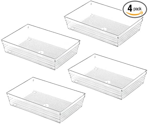 Backerysupply Clear Plastic Drawer Organizer Tray for Vanity Cabinet (9"×6"×2" Set of 4) For Office Bathroom Makeup Drawers