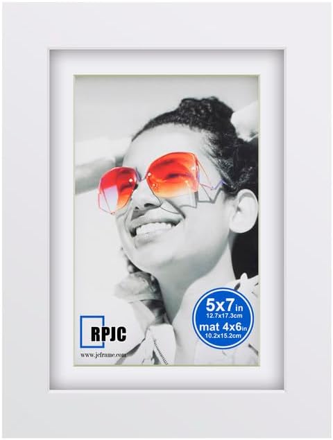 RPJC 5x7 inch Picture Frame Made of Solid Wood and High Definition Glass Display Pictures 4x6 with Mat or 5x7 Without Mat for Wall Mounting Photo Frame White
