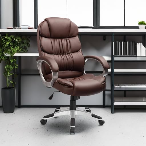 Furmax Leather High Back Office Chair Ergonomic Executive Office Chair Swivel Computer Desk Chair Lumbar Support Soft Cushioned Padded Arms (Brown)