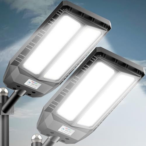 6000W Solar Street Lights Outdoor, 7000K Solar Light Outdoor LED Street Light Dusk to Dawn, LED Wide Angle Lamp with Motion Sensor and Remote Control, for Parking Lot, Yard, 2 Pack