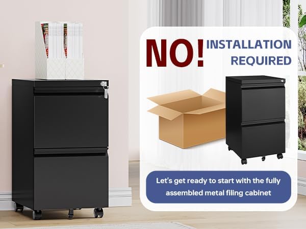 2 Drawer File Cabinet with Lock，Locking Filing Cabinet Under Desk,Rolling File Cabinets for Home Office/Legal/Letter Size,Fully Assembled (Black)
