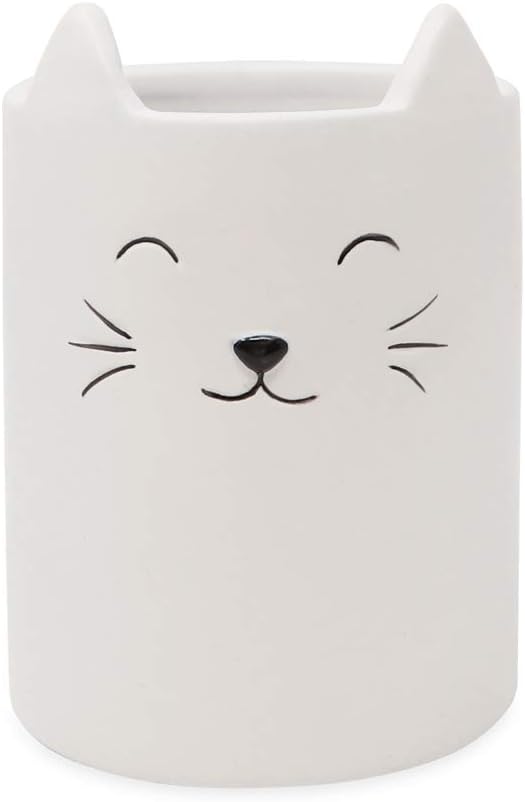 Isaac Jacobs White Ceramic Cat Makeup Brush Holder, Multi-Purpose Cup Organizer. Bathroom, Kitchen, Bedroom, Office Décor (Single Cup, Pastel White)