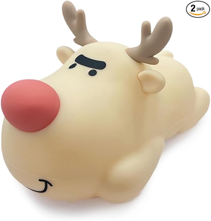 Eco-Friendly Reindeer Night Light - Energy Efficient LED Desk Lamp, Rechargerable Dimmable Nursery Soft Touch Bedside Baby Squishy Night Light, Portable Nightlight for Adults/Kids