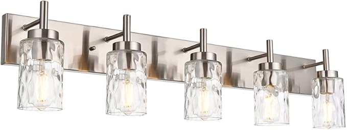 BONLICHT Transitional Vanity Lighting Fixtures Brushed Nickel with Clear Hammered Glass Shade,Farmhouse 5 Light Bathroom Lights Wall Sconces Contemporary Indoor Wall Mount Lights for Kitchen Sink