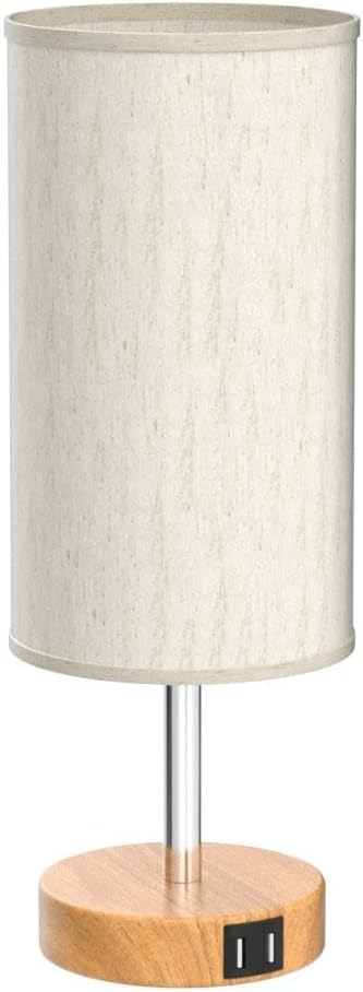 Yarra-Decor Bedside Table Lamp with USB Port - Touch Control for Bedroom Wood 3 Way Dimmable Nightstand Lamp with Round Flaxen Fabric Shade for Living Room, Dorm, Home Office (LED Bulb Included)
