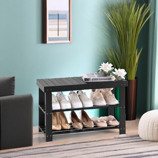 Apicizon Bamboo Shoe Rack for Entryway, 3-Tier Shoe Rack Bench for Front Door Entrance, Small Shoe Organizer with Storage, Black
