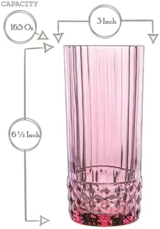 Bormioli Rocco America '20s Lilac Rose Cooler Glasses, Set of 6 - Made in Italy Tainted Crystal Glass with Diamond-Cut Design - 16.5 oz Barware Essentials for Cocktails & Spirits