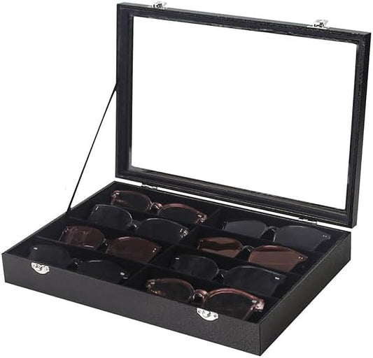 Coward Sunglass Organizer Tray Box, Black Velvet Grids Eyeglasses Display Tray Case with Transparent Glass Lid for Home Use or Store Shop Selling Show