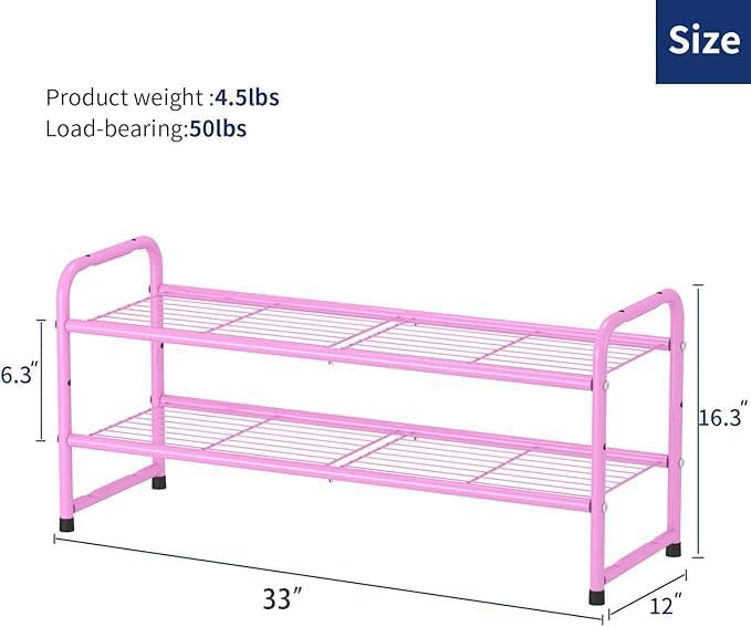 SUFAUY 2-Tier 33" Wide Shoes Rack Shelf for Closet Metal Stackable Shoe Storage Organizer, Wire Grid, Pink