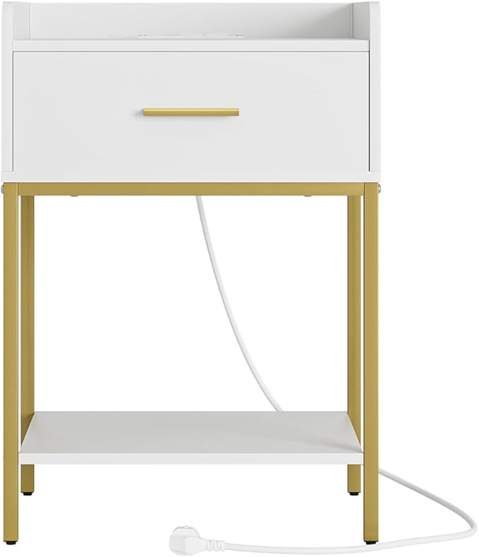 Masupu Nightstand with Charging Station,3-Tier Modern Bedside Night Stand with Storage Drawer and Shelf,Small End Side Table for Bedroom,Living Room,White
