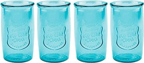 Glaver's Highball Glasses Set of 4 – 20oz Artistic Ice-Cold Pretty Blue – Vintage Glassware with Embossed Logo – Beverage Drinking Glasses for Water, Juice, Cocktails. Hand Wash.