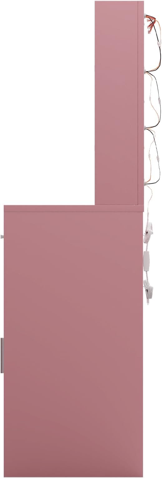 Lighted Makeup Vanity Desk, 35.4“W x 15.7'”D x 54“H, Pink (with Lights and Mirror, Dimming Fuction, 2 Drawers and 1 Cabiniet, Open Shelves)