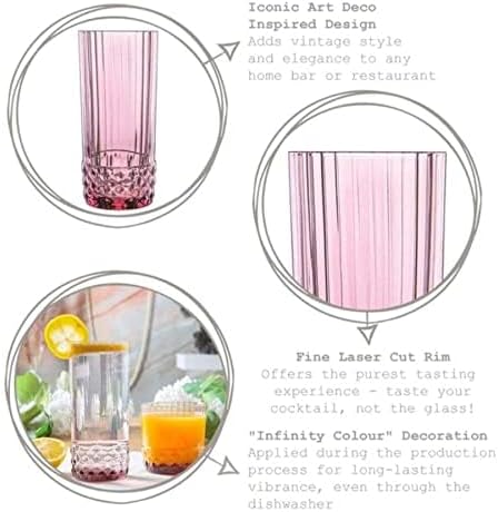 Bormioli Rocco America '20s Lilac Rose Cooler Glasses, Set of 6 - Made in Italy Tainted Crystal Glass with Diamond-Cut Design - 16.5 oz Barware Essentials for Cocktails & Spirits