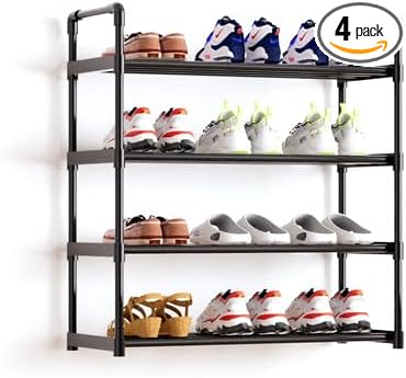 Metal Storage Shoe Rack,Large Capacity Shoe Organizer, Free Individual Assembly for 12-15 Pairs, for Entryway,Closet, Bedroom, Black (4 Tiers)