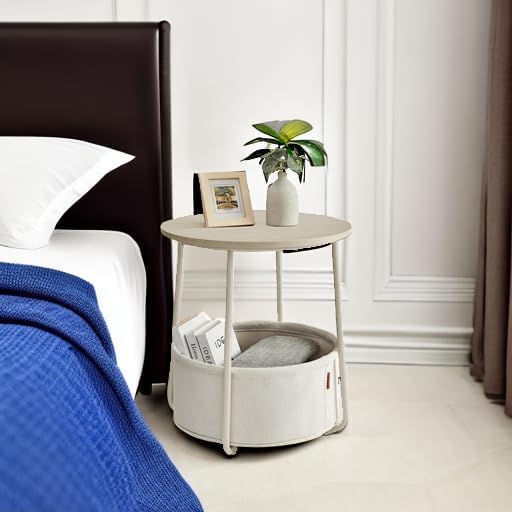VASAGLE Small Round Side End Table, Modern Nightstand with Fabric Basket, Cream White ULET223K67