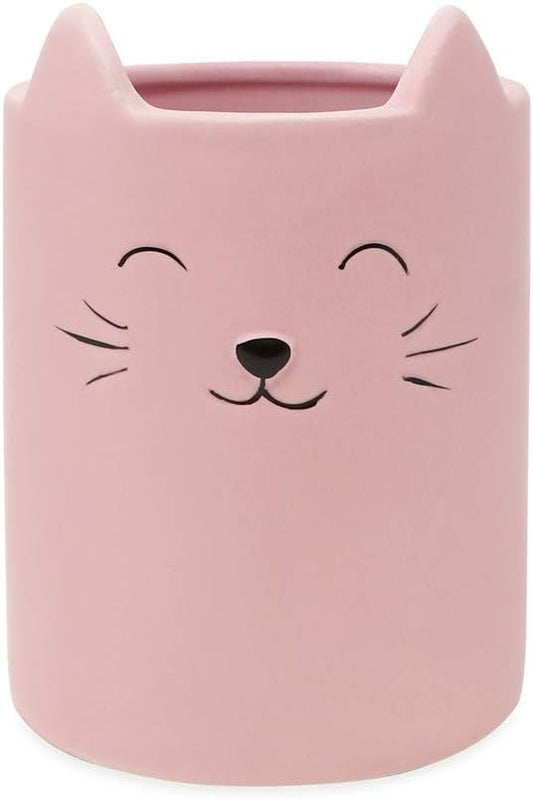 Isaac Jacobs Pink Ceramic Cat Makeup Brush Holder, Multi-Purpose Cup Organizer. Bathroom, Kitchen, Bedroom, Office Décor (Single Cup, Pastel Pink)