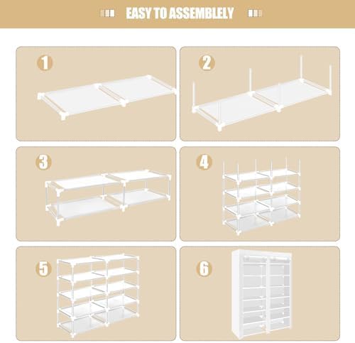 ERONE Shoe Rack Storage Organize, 28 Pairs Portable Double Row with Nonwoven Fabric Cover Shoe Shelf Cabinet for Closet (White)