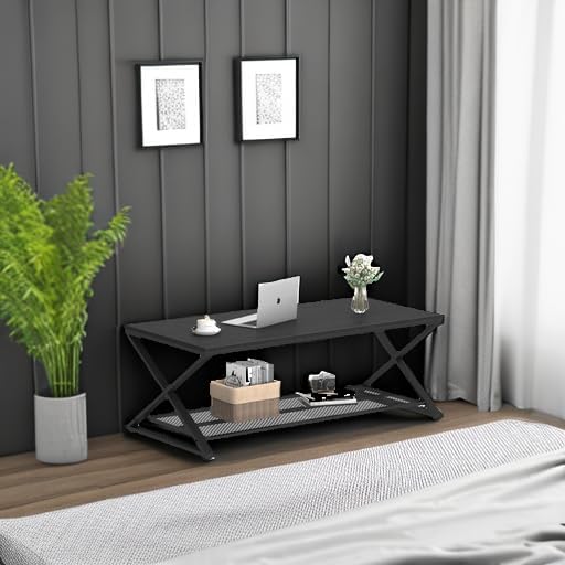 LVB Black Coffee Table, Wood Metal 2 Tier Center Tables with Storage Shelf, Modern Rectangular Concrete Tea Table for Living Room, Wooden Middle Cocktail Table for Office Bedroom, 47 inch, Black Oak