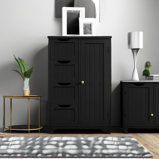Yaheetech Wooden Bathroom Floor/Side Storage Organizer Cabinet with 4 Drawers and 1 Cupboard, Freestanding Entryway Storage Unit Console Table for Home Decor