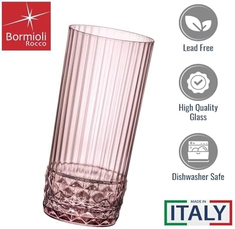 Bormioli Rocco America '20s Lilac Rose Cooler Glasses, Set of 6 - Made in Italy Tainted Crystal Glass with Diamond-Cut Design - 16.5 oz Barware Essentials for Cocktails & Spirits