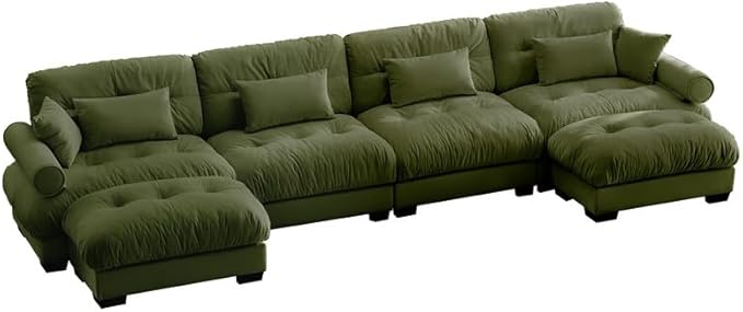 Ball & Cast 166" U Shaped Couch Sectional Couch,4 Seater Modular Couchs with Round Bolster Armrest,6 Pillows,Waist Pillows,Modern Corner Sofa w/ 2 Removable Ottomans,for Living Room,Olive Green