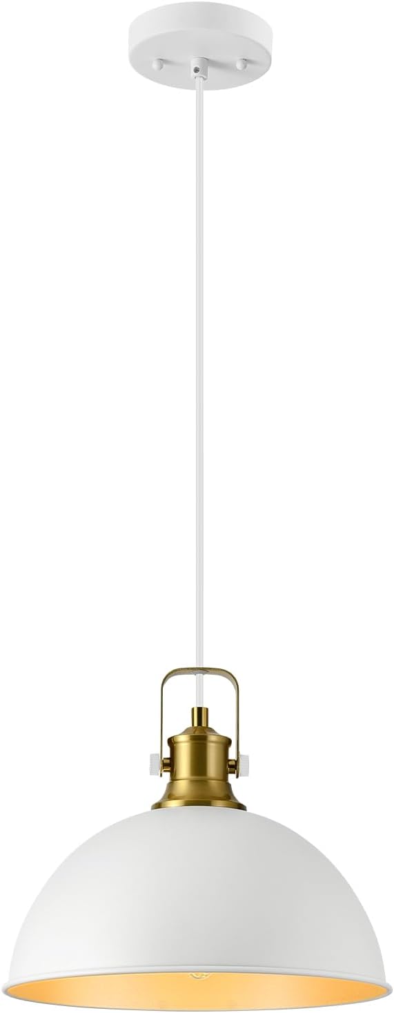 12 Inch White Farmhouse Pendant Lights for Kitchen Island Industrial Haning Lamp Adjustable Height Vintage Dome Hanging Light Fixtures for Barn, Dining Room