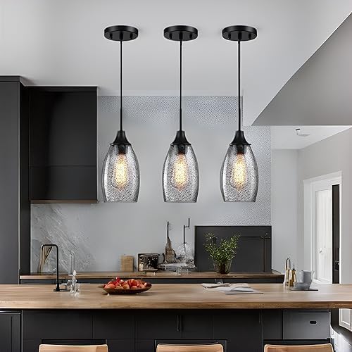 Mini Glass Pendant Light 1-Light 4.72" Handblown Black Seeded Clear Glass Shade,with Matte Black Metal Adjustable Cord Ceiling Light Fixture for Kitchen Island Sink