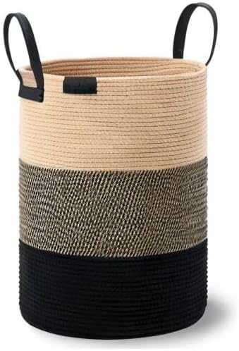 VIPOSCO Tall Laundry Basket, Large Dirty Clothes Hamper with Leather Handle, Woven Rope Storage Basket for Blanket, Toy In Living Room, Bathroom, Bedroom - 72L Brown & Black