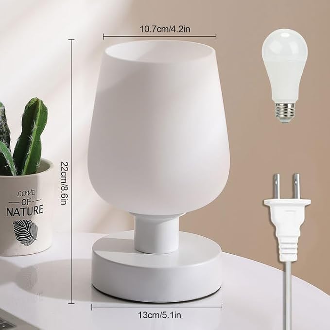 Touch Bedside Table Lamp Set of 2, Dimmable Small Table Lamp for Bedroom with White Opal Glass Lamp Shade and LED Bulb, Modern Nightstand Lamps, Desk Lamp with Plug for Living Room Bed