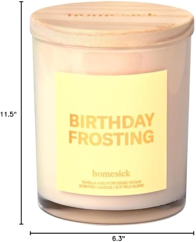 Homesick Scented Candles for Home (Birthday Frosting) - 7.5 oz Long-Lasting Natural Soy Wax Blend Jar Candle Gift for Women & Men, 30-35 Hours Burn Time - Notes of Orange Flower & Honey