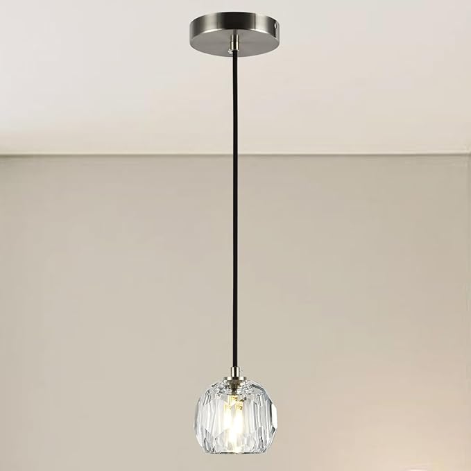 Brushed Nickel Pendant Light, Small Island Pendant Light Fixture for Kitchen, Modern Prism Crystal Single Pendant Hanging Light for Dining Room Bar