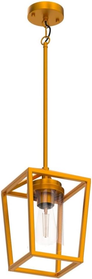 SGLfarmty 1-Light Gold Pendant Light, Farmhouse Cage Pendant Lighting Fixture for Kitchen Island, Lantern Pendant Lights Brass Finish with Glass, Modern Geometric Hanging Light for Foyer, Entryway