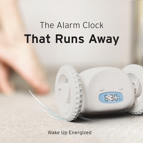 CLOCKY Extra Loud Alarm Clock for Heavy Sleepers on Wheels Rolls Runs Away Vibrating, Easy to Set Super Smart Snooze Digital Bed Shaker Alarm Clock Funny Gift for Adults Kids Teens Bedrooms (White)