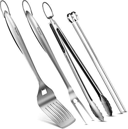 BBQ Set Grilling Tool Set, Heavy Duty, Spetula Fork Tong and 2 Skewers. (5 Piece.)