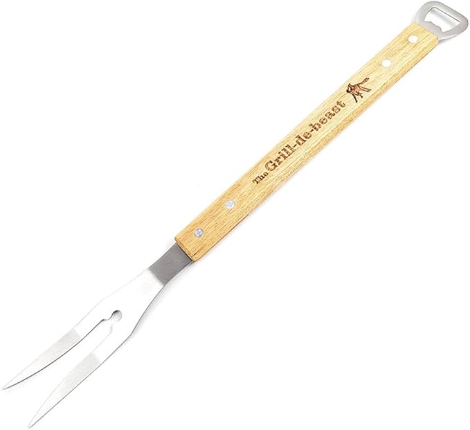 Grill-de-beast Stainless Steel Grill Fork with Engraved Wood Handle & Bottle Opener – 18" Long BBQ Tool for Grilling, Turning & Checking Doneness.