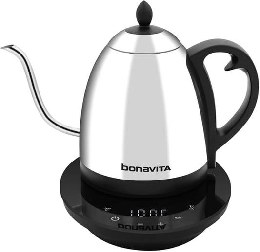 Bonavita Cosmopolitan 1.0L Gooseneck Electric Kettle, Stainless Steel Water Boiler for Coffee Brew and Tea Precise Pour Control, 6 Preset Temps, Glass Touch Panel, 1200W Fast Boil, Mirror Polished